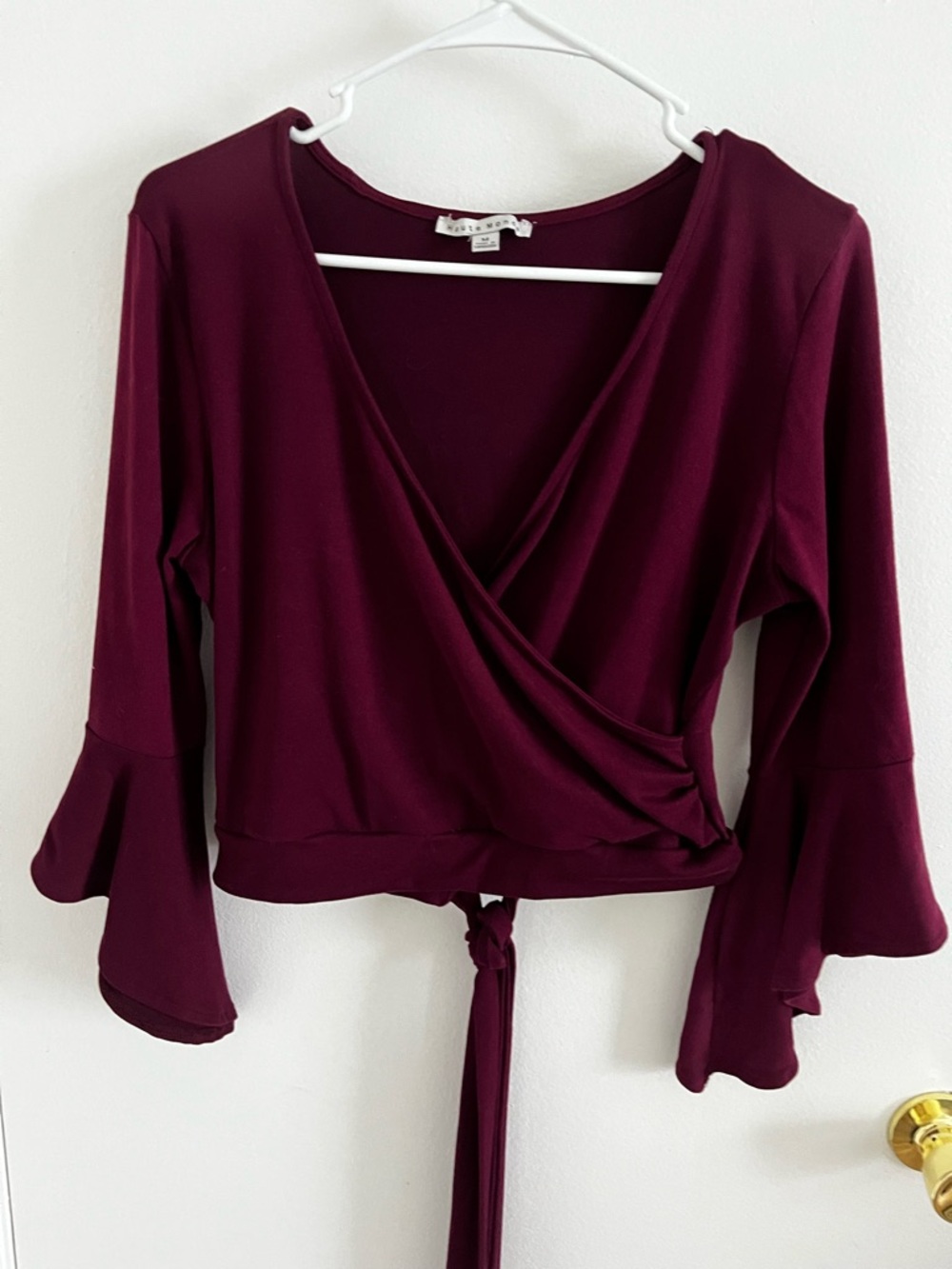 Haute Monde Wine Wrap Tie Bell Sleeve Top